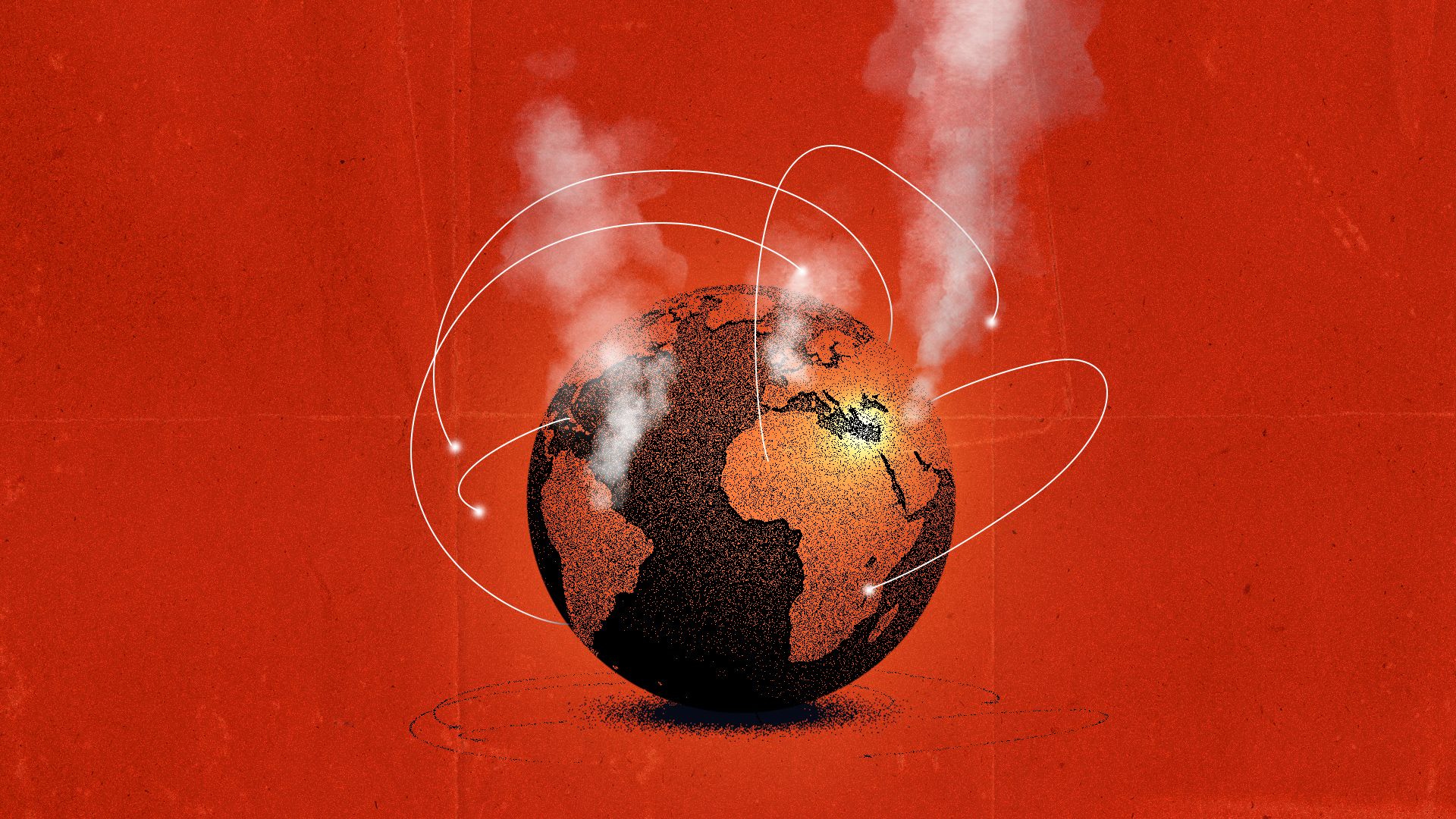 Illustrated collage of the Earth on a red background with the globe showing as a hot orange color and lines going all around it like missile trail lines. 