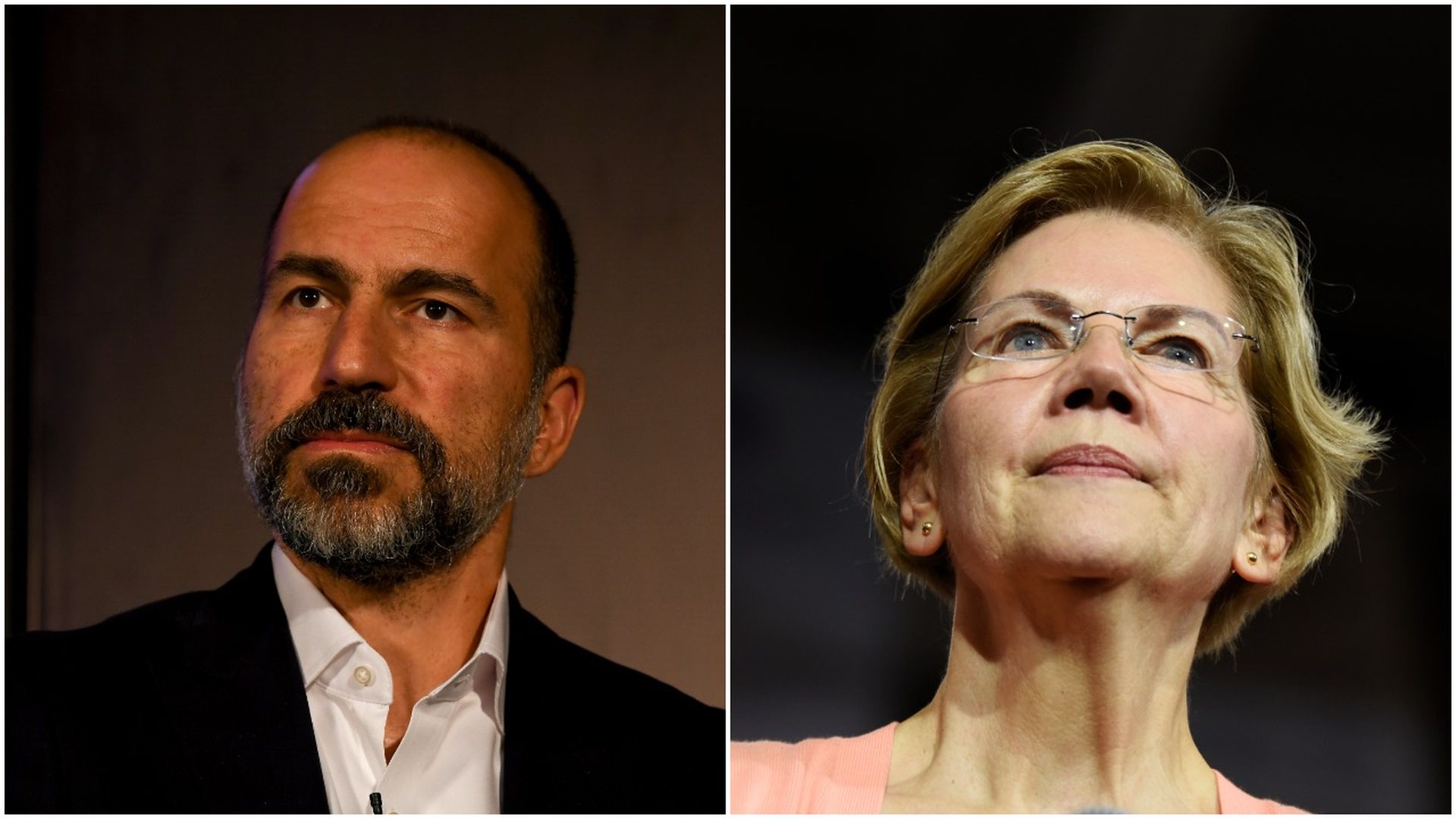Left, Uber CEO Dara Khosrowshahi; Right, Sen. Elizabeth Warren