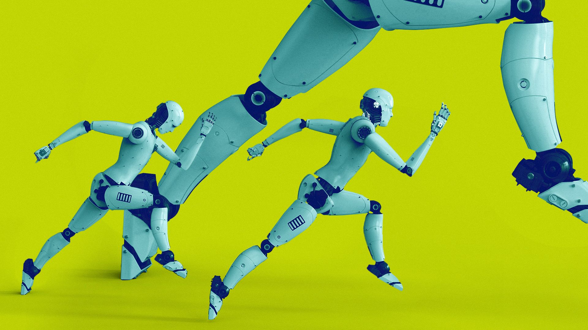 Illustration of small robots running next to one large robot.