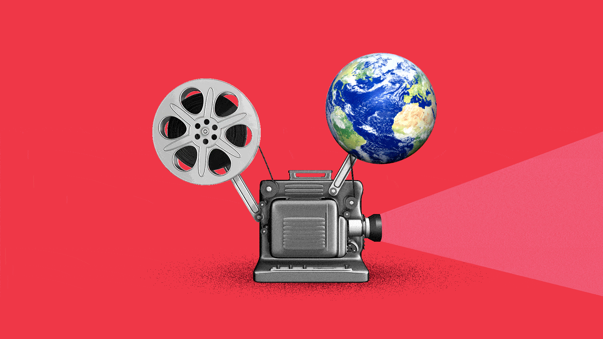 Animated illustration of a film reel projector, one of the reels has been replaced with the Earth.