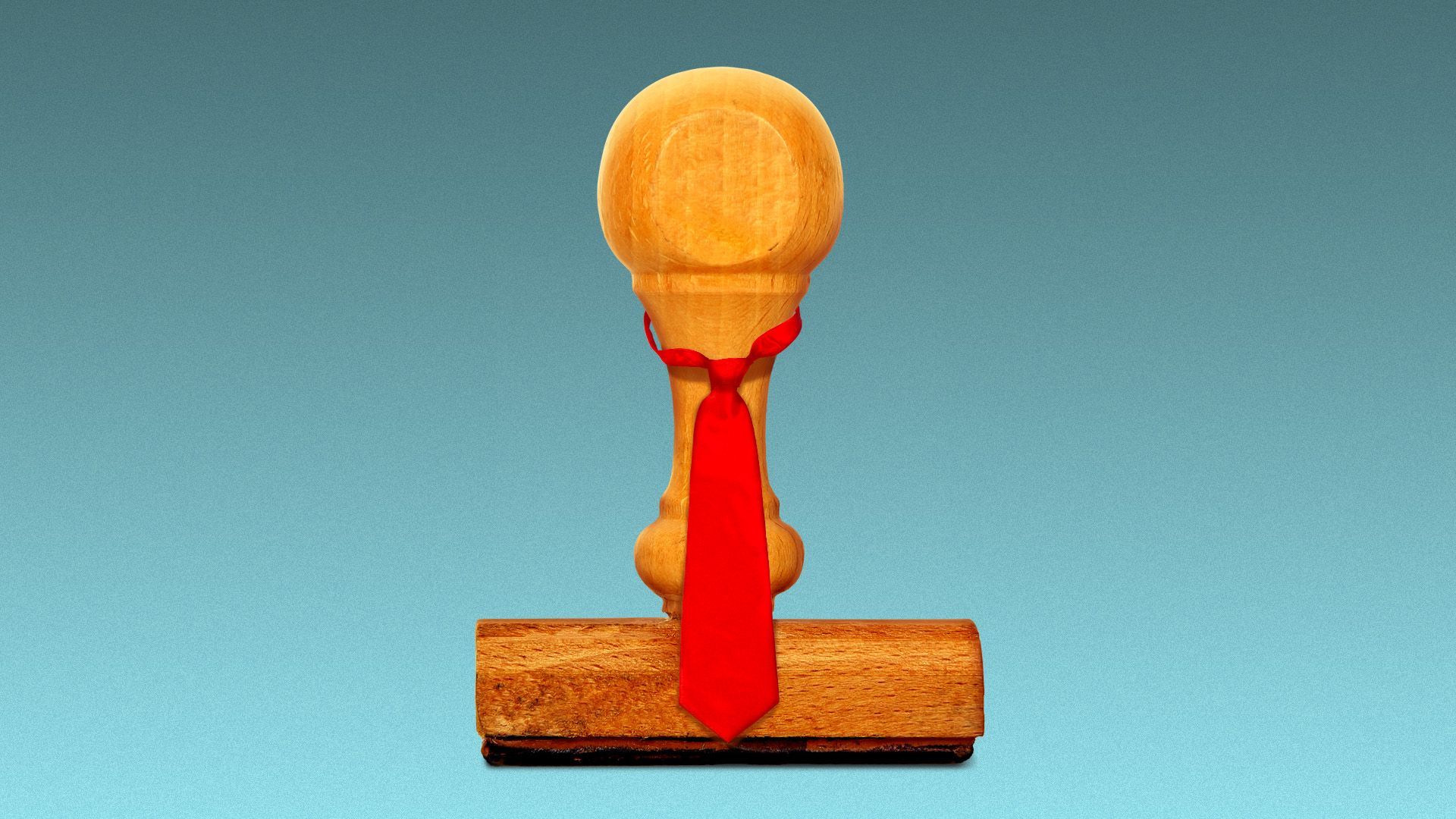 Illustration of a wooden rubber stamp wearing a red tie