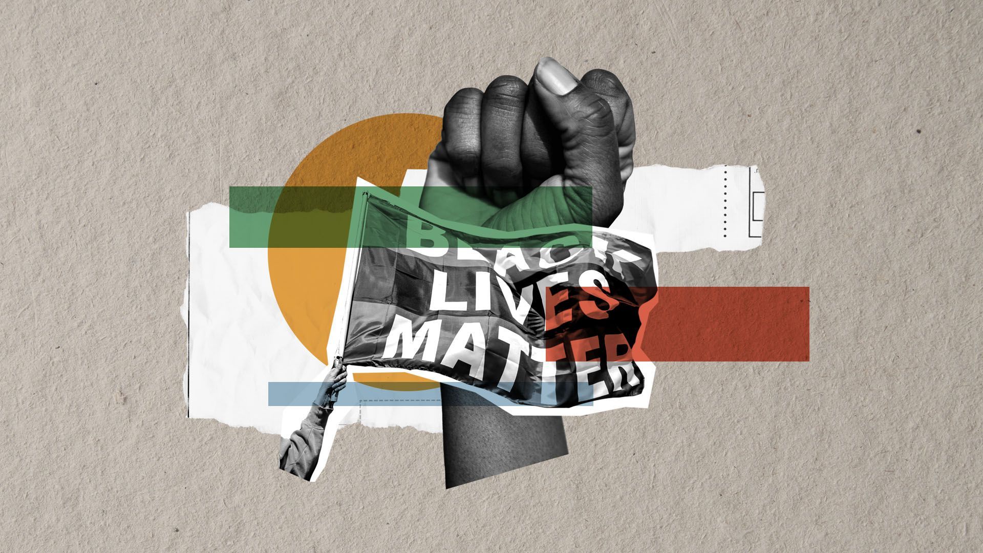 Illustrated collage of a fist in the air and a black lives matter flag