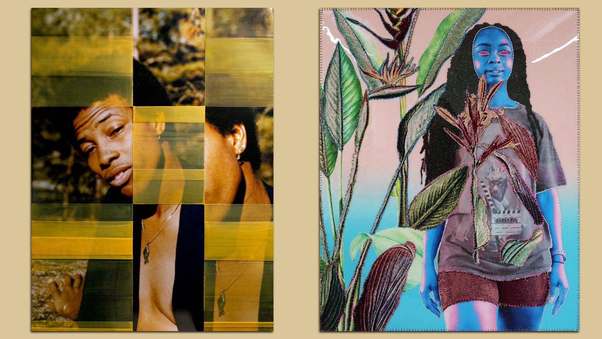 Left: an abstract portrait of a person with yellow paint stripes overlaying their face and torso. Right: a blue-toned person with long hair stands amid large  green leaves on a gradient background.