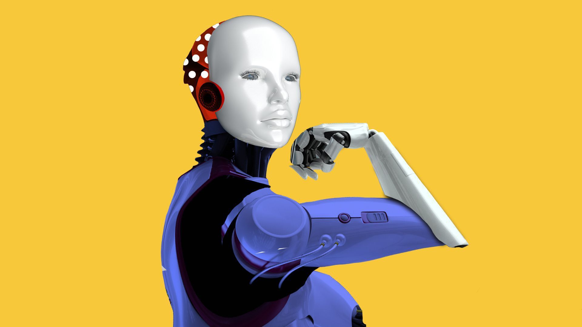 A female robot flexing her bicep