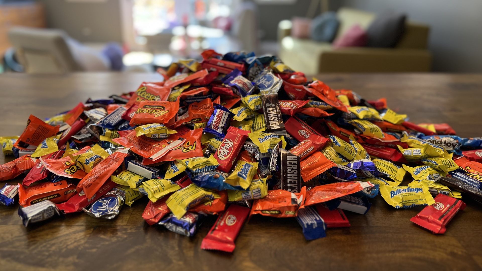 Photo of a pile of candy on a table. 