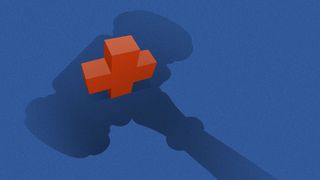 Illustration of a red cross with a shadow of a gavel looming over it
