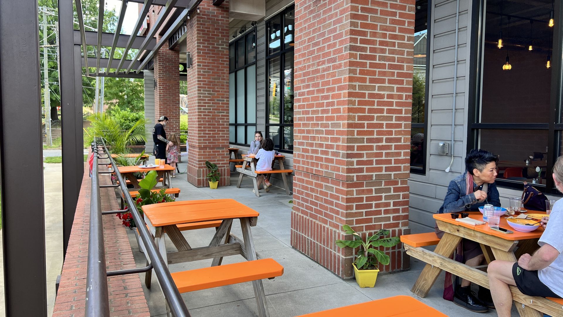 outdoor patio with picnic tables