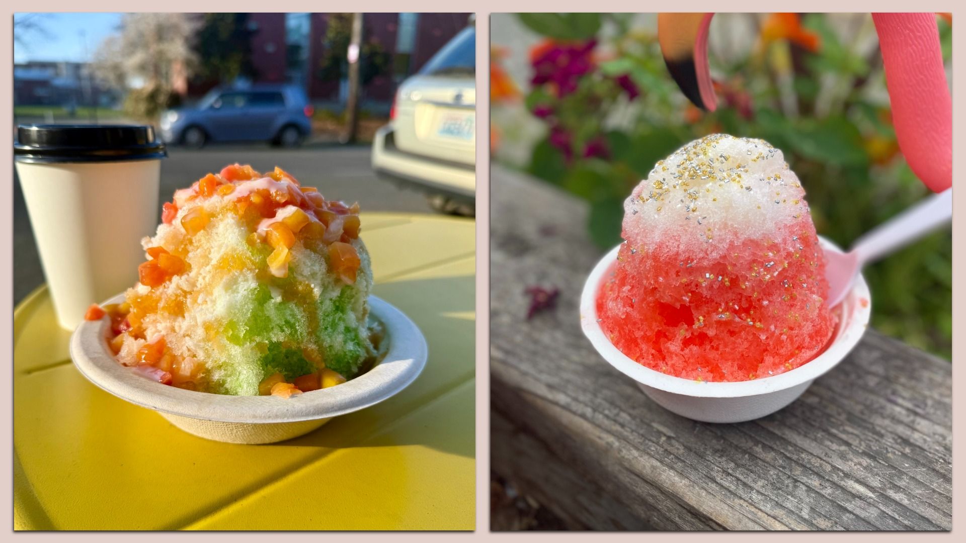 Side by side images of shaved ice, one with coffee next to it and fruit on top, the other pink colored with a spoon sticking out.