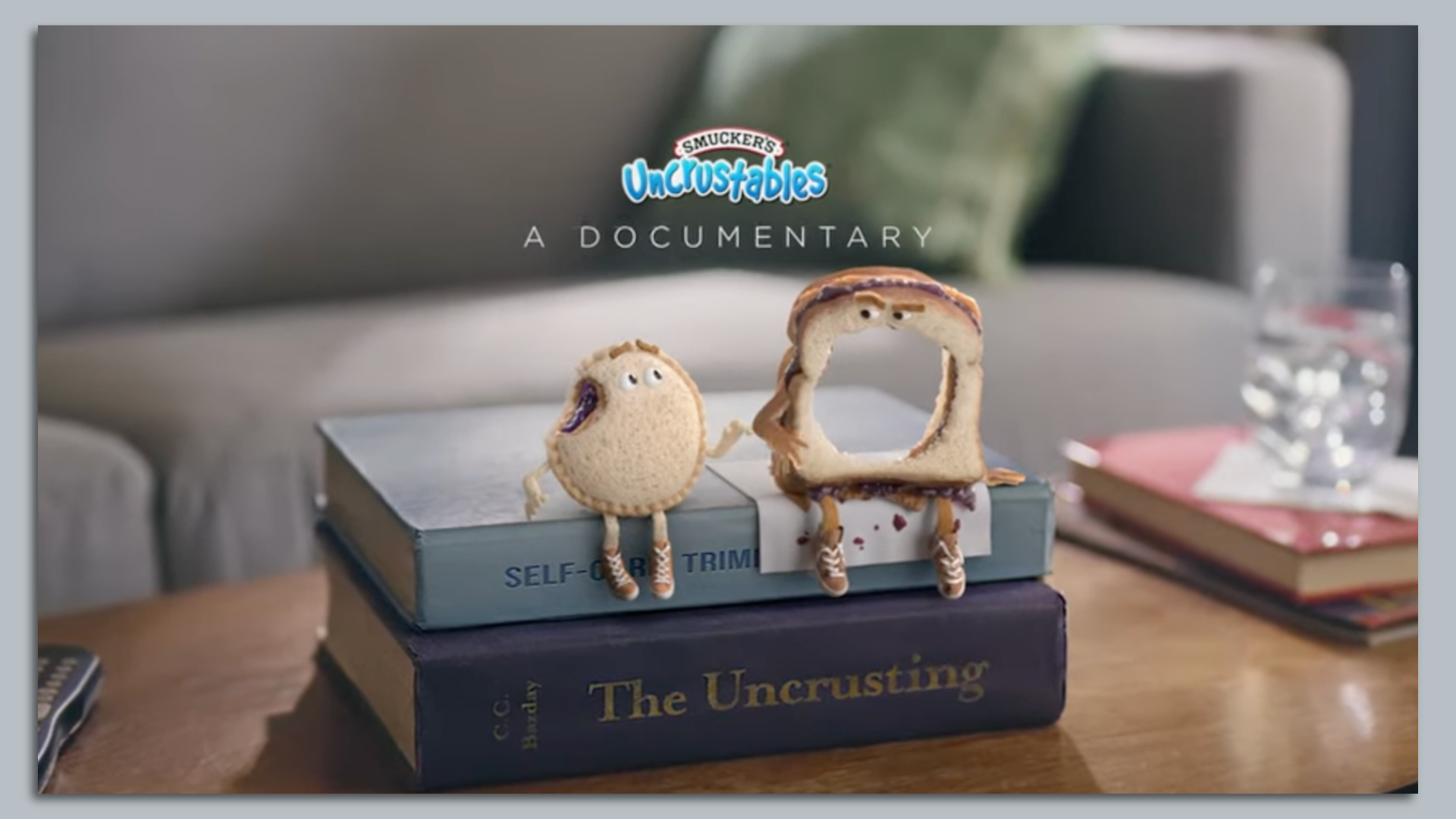 Screenshot of the Uncrustable's commercial featuring a cartoon version of the circular sandwich. 