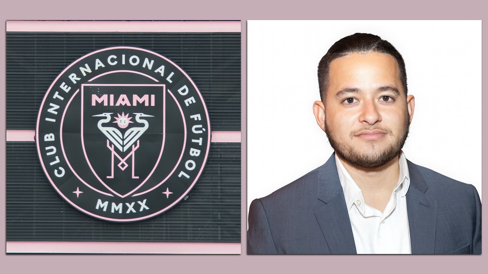 Two-panel image: left shows a circular pink logo with 'MIAMI' and 'CLUB INTERNACIONAL DE FUTBOL' emblem; right a close-up portrait of a man in a gray suit against a white background.