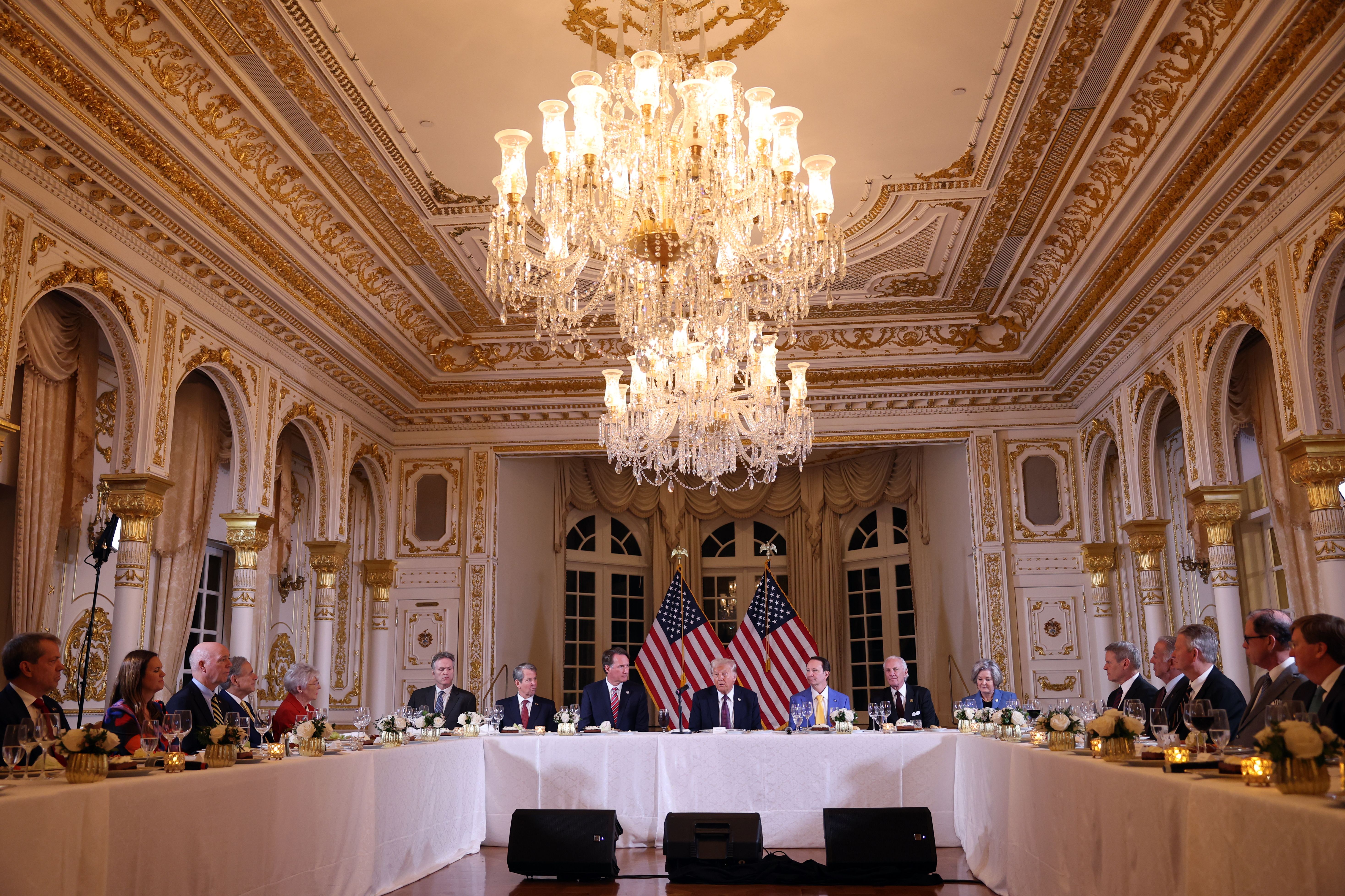 PALM BEACH, FLORIDA - JANUARY 09: US President-elect Donald Trump (C) speaks during a meeting with Republican governors at the Mar-a-Lago Club on January 09, 2025 in Palm Beach, Florida. Trump will be sworn in as the 47th president of the United States on January 20, making him the only president ot
