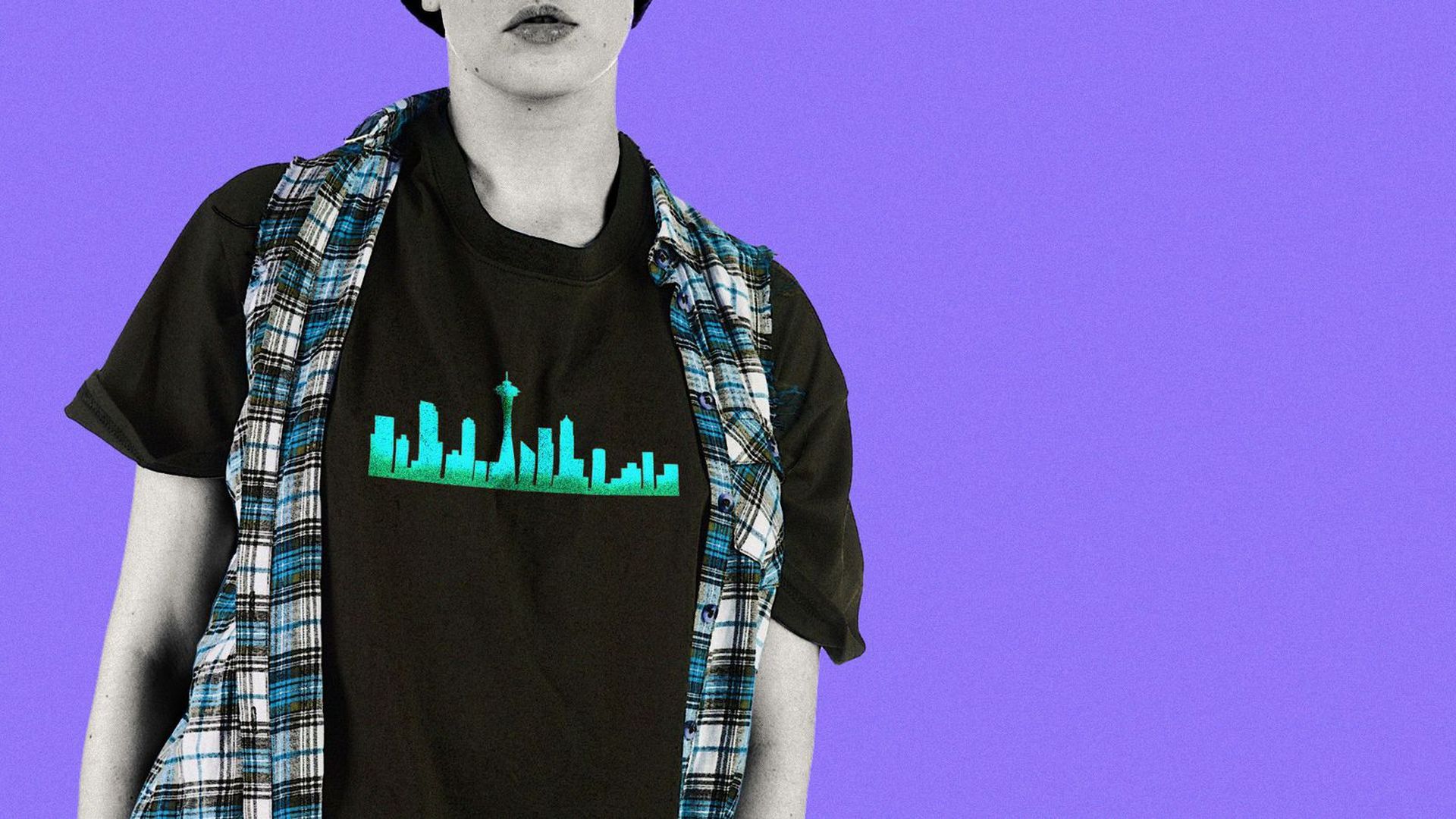 Illustration of person in t-shirt with Seattle skyline graphic
