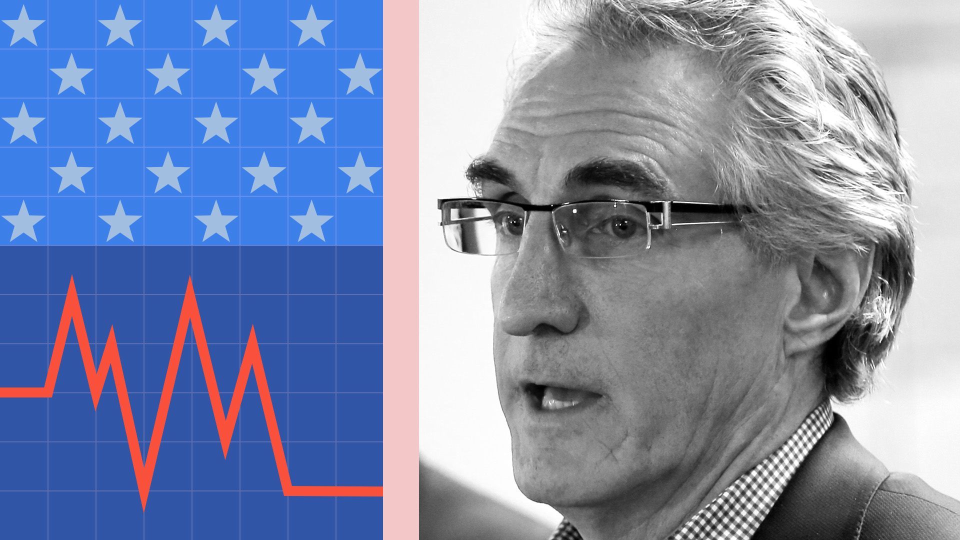 Photo illustration of North Dakota Governor Doug Burgum next to various shapes include a pattern of stars, a grid, and a red line mimicking a stock line