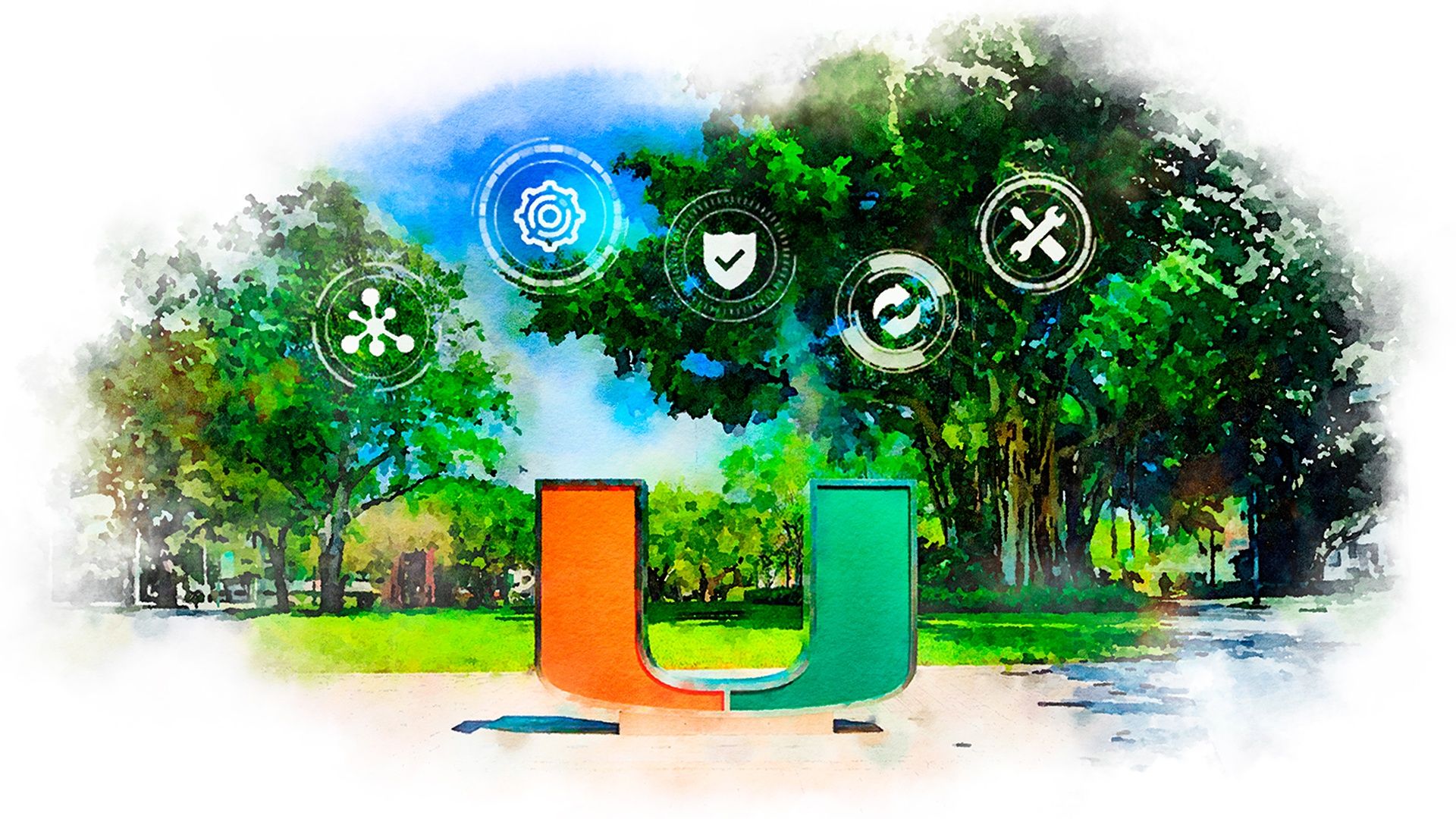 Watercolor-style illustration of the University of Miami's iconic "U" sculpture surrounded by greenery, with digital icons floating above symbolizing technology and innovation.