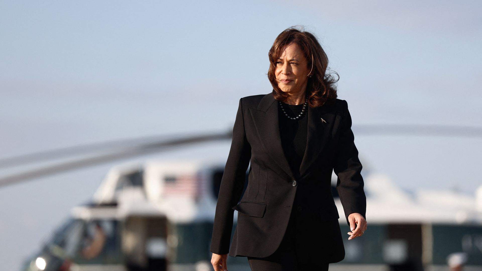 US Democratic presidential nominee and Vice President Kamala Harris walks to board Air Force Two as she departs for New York at Joint Base Andrews, Maryland, on October 7, 2024. (Photo by Evelyn Hockstein / POOL / AFP) (Photo by EVELYN HOCKSTEIN/POOL/AFP via Getty Images)