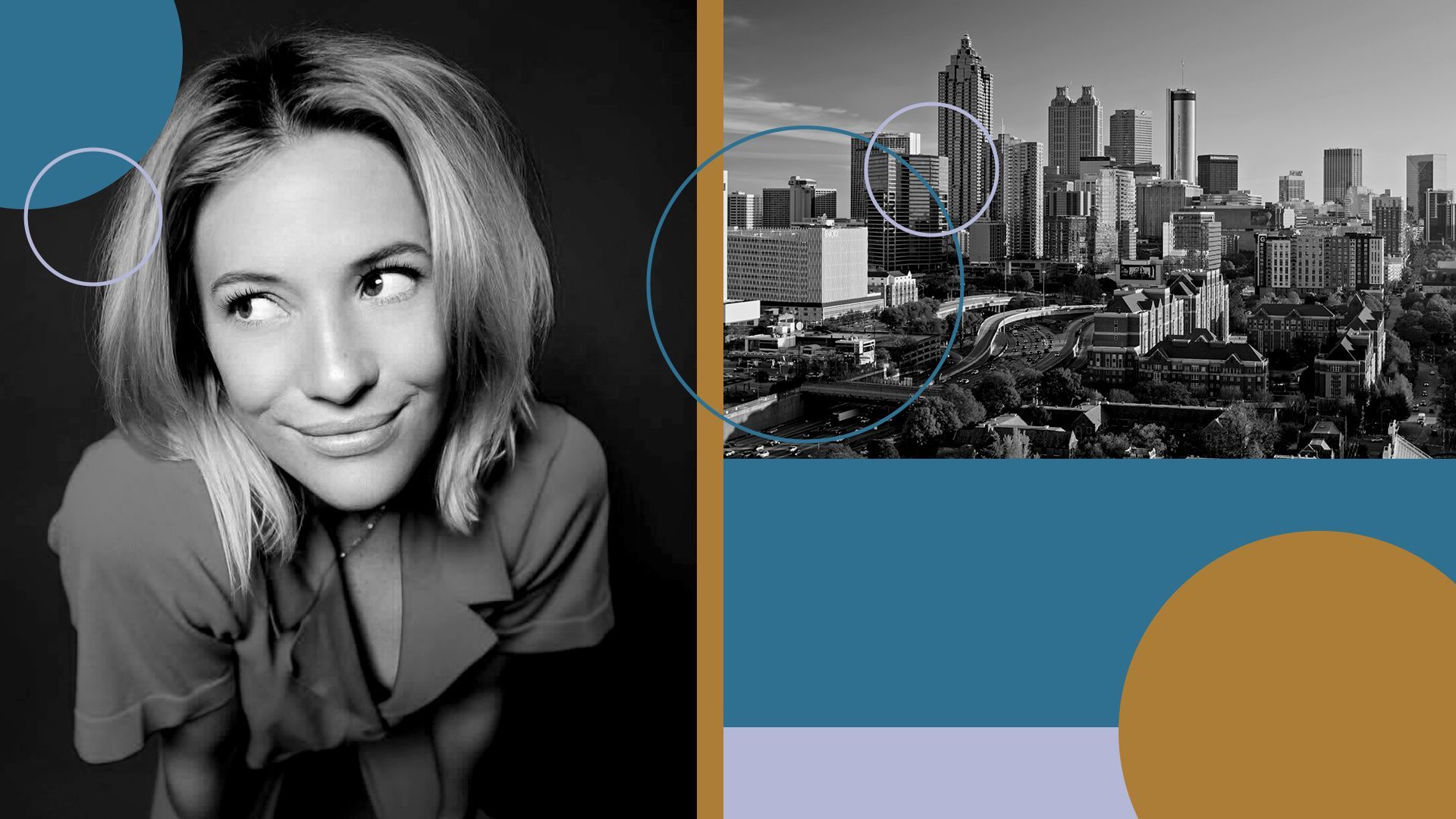 Photo illustration of Katherine Blanford surrounded by the Atlanta skyline and abstract shapes.