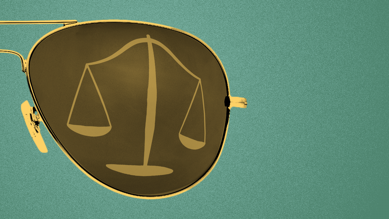 Illustration of a pair of aviator sunglasses with scales of justice moving up and down in one lens.