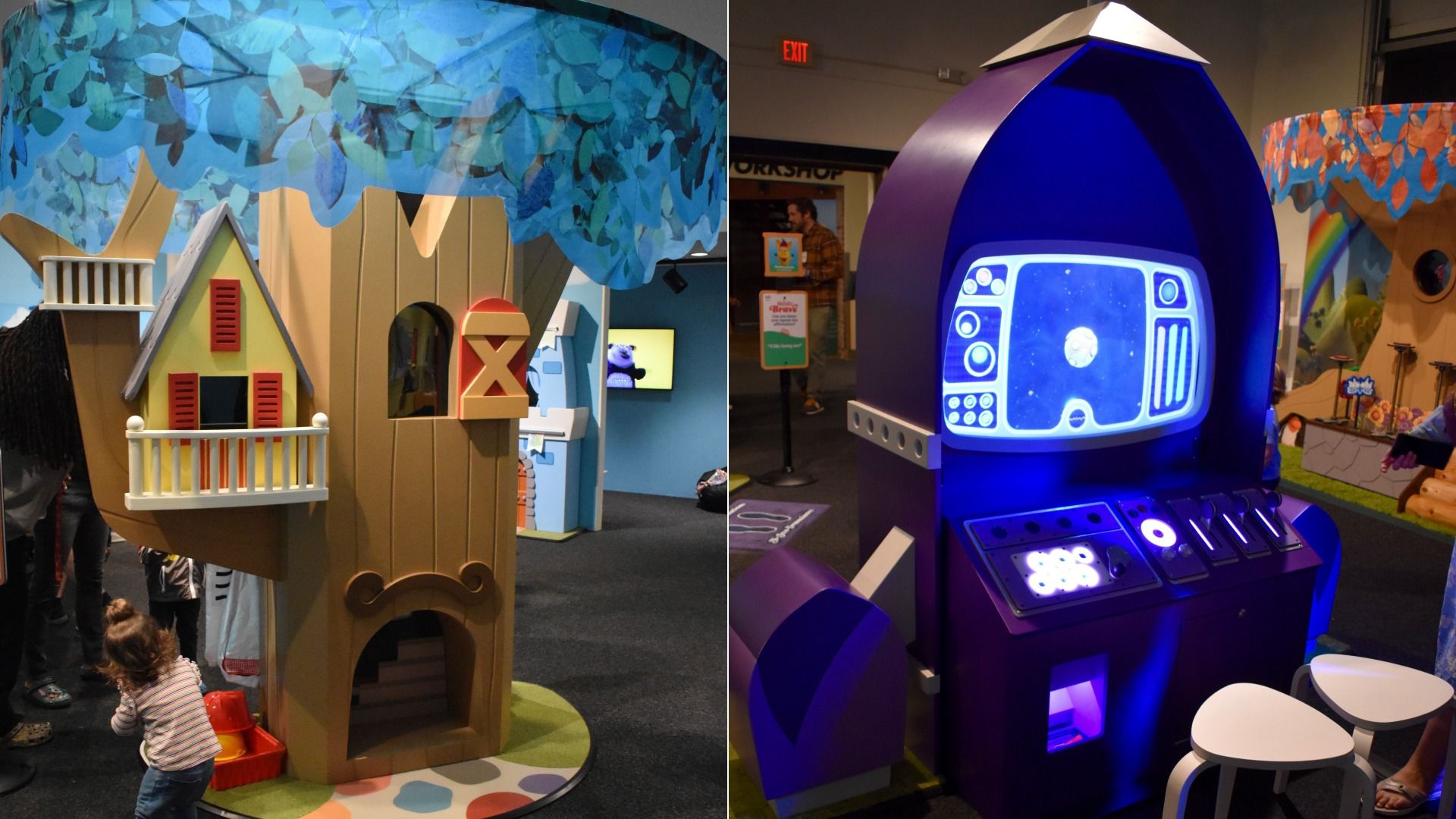 Two-part children's exhibit: left a yellow tree house with balcony under a blue leafy canopy; right a large purple futuristic arcade console with a glowing blue screen.