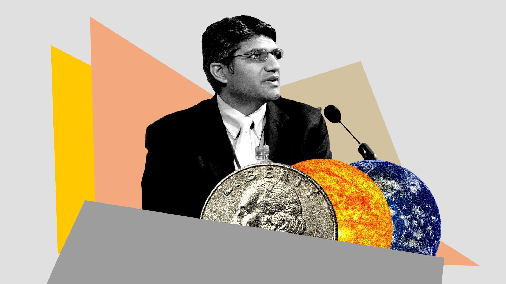 Photo illustration collage of Jigar Shah, money, an earth and sun