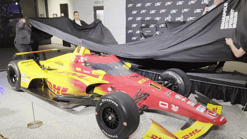 Defending Indy 500 champ Alex Palou and IMS Museum president Michael Good unveiling Palou's winning ride Tuesday night. 