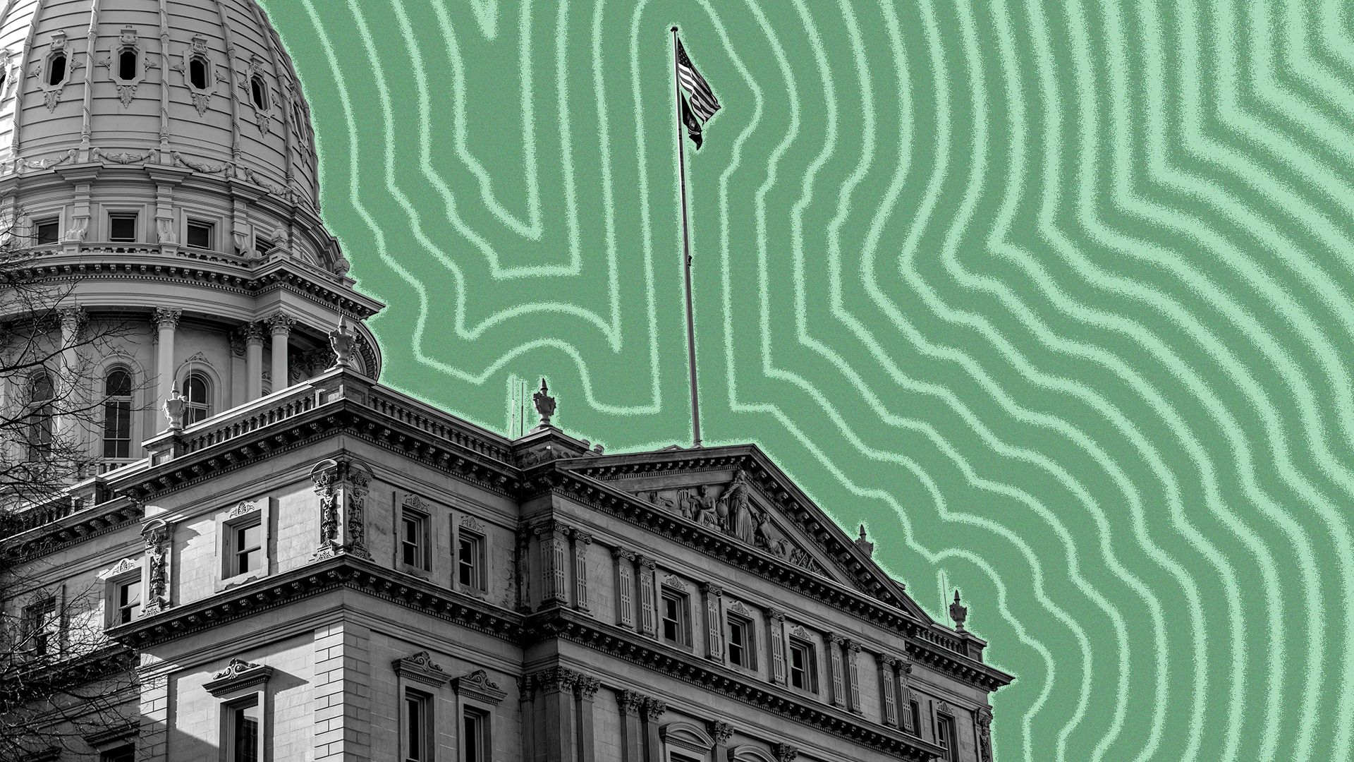 Illustration of the Michigan state capitol with lines radiating from it.
