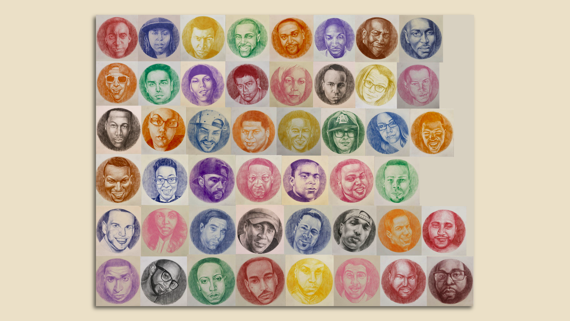 49 portraits of different colors placed together, side by side.