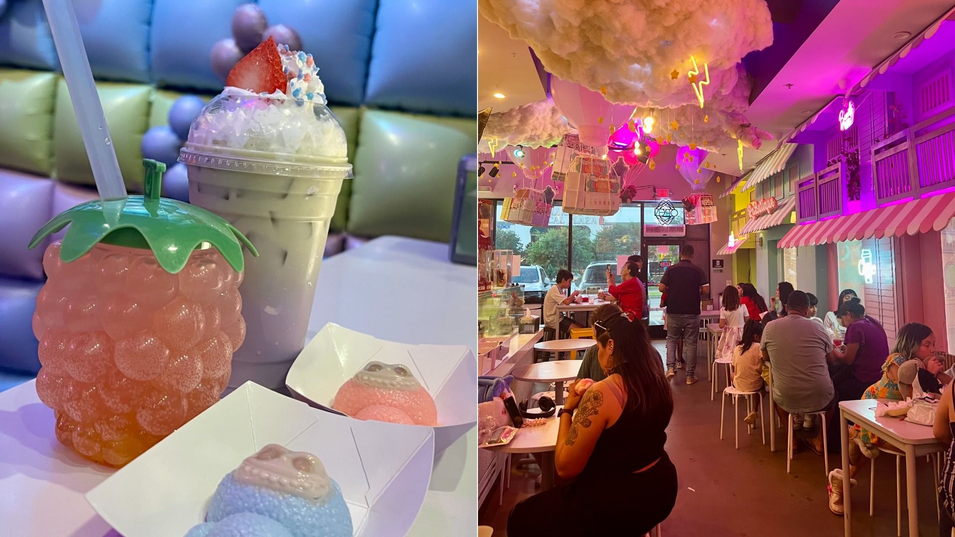 Photo on the left is of a drink and jelly and the one on the right is a cafe in bright lights filled with people