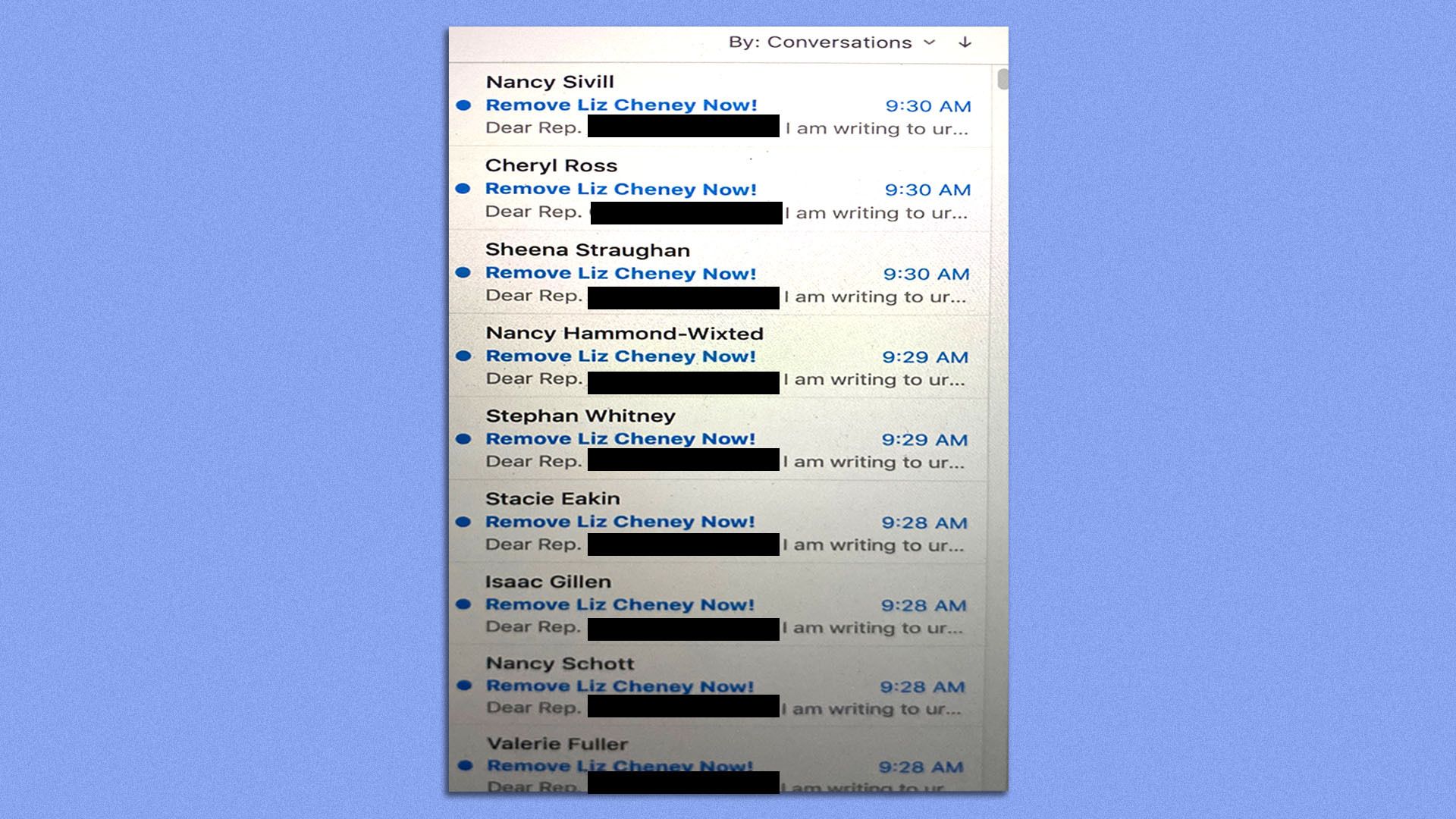 Screenshot of emails to member of Congress that read: "Remove Cheney Now!"