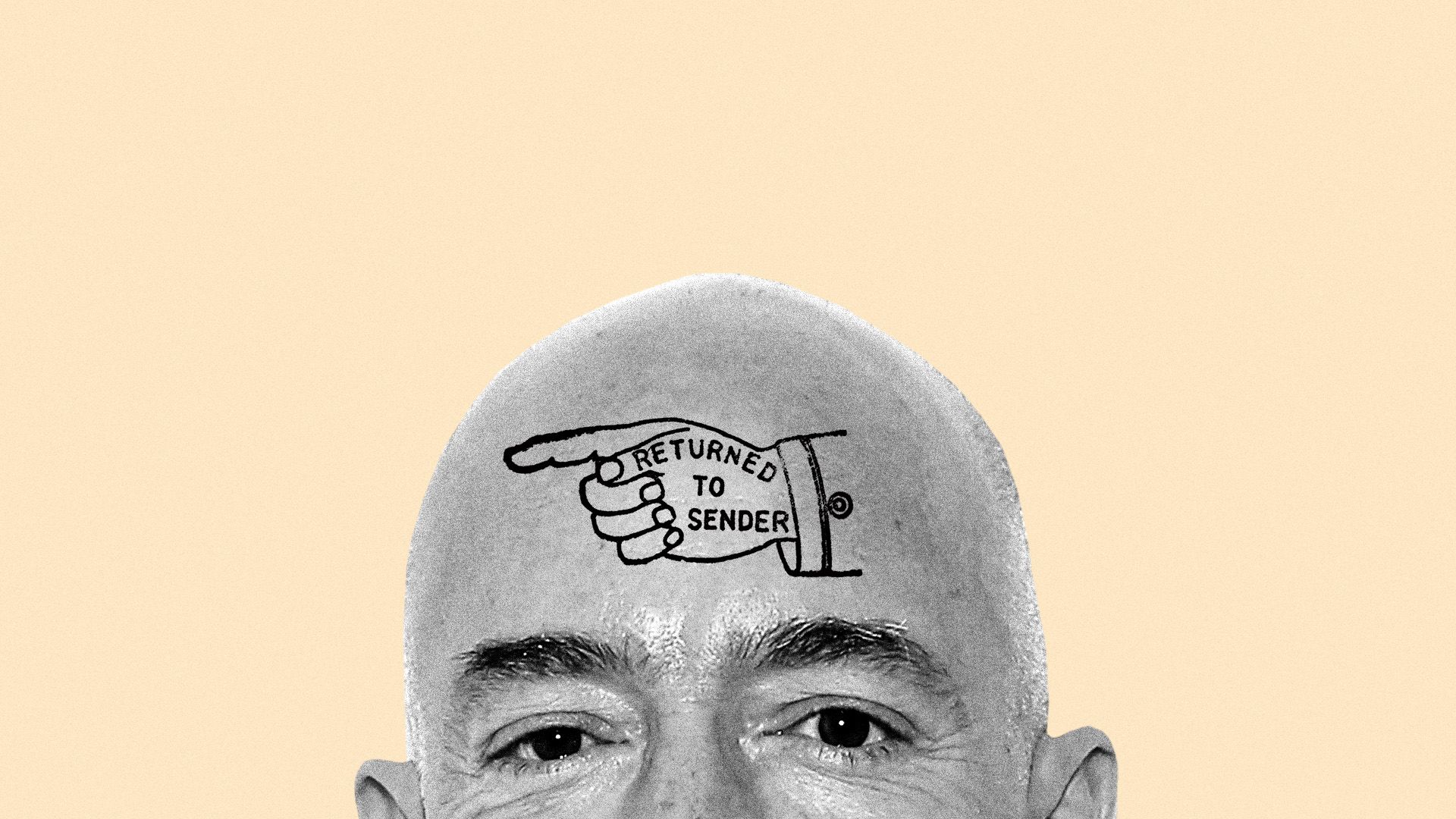 In this image, Jeff Bezo's forehead is visible against a light yellow background. A cartoon illustration on his forehead says "return to sender." 