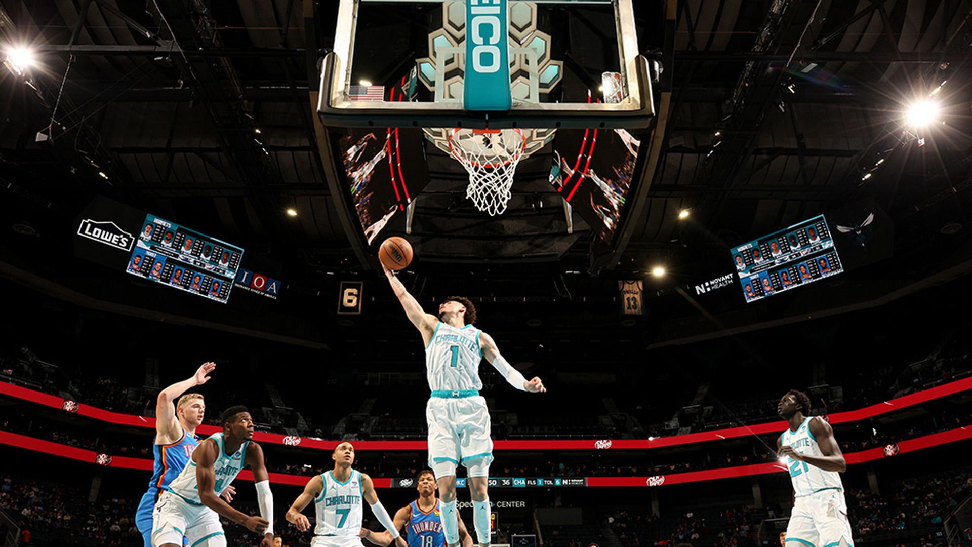 CHARLOTTE, NC - OCTOBER 15: LaMelo Ball #1 of the Charlotte Hornets grabs a rebound during the game against the Oklahoma City Thunder on October 15, 2023 at Spectrum Center in Charlotte, North Carolina. NOTE TO USER: User expressly acknowledges and agrees that, by downloading and or using this photo