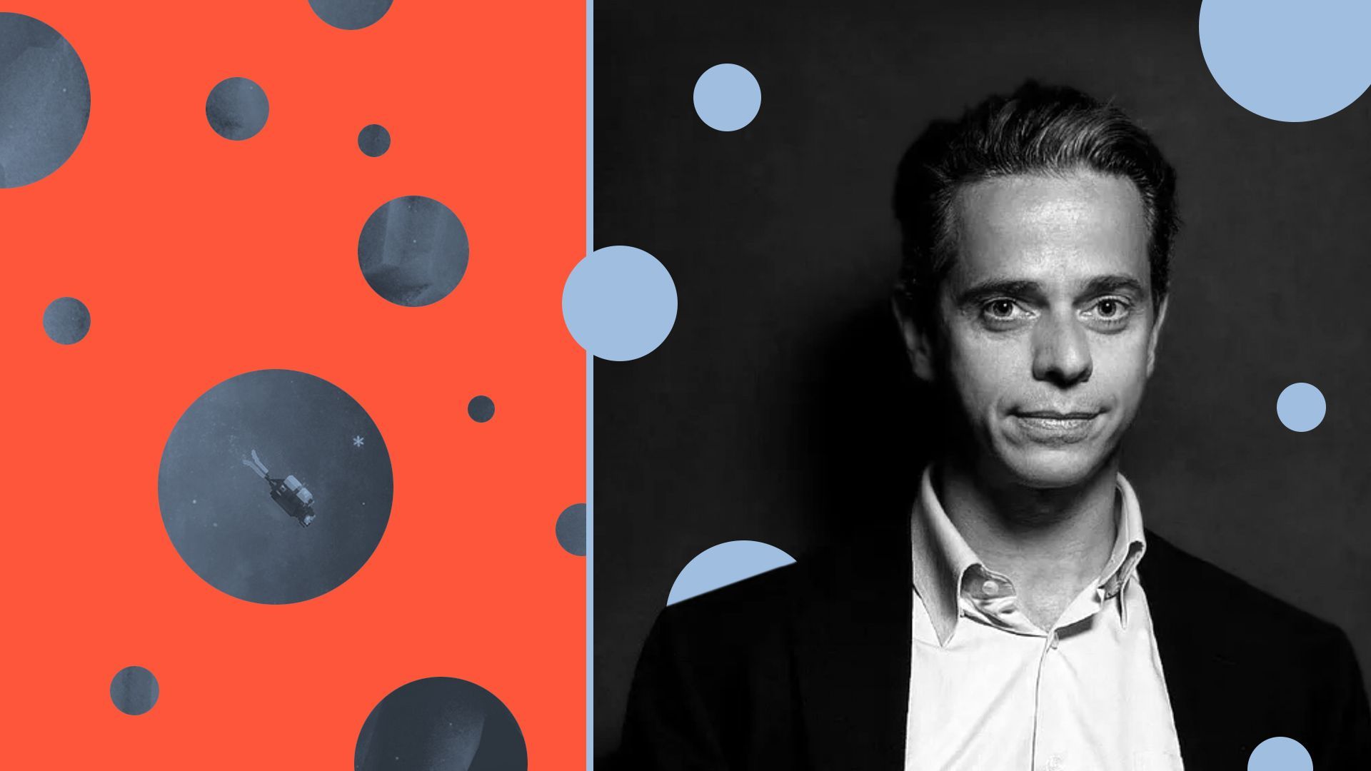 Photo illustration of Owen Mahoney surrounded by abstract circles and screenshots of Dave the Diver. 