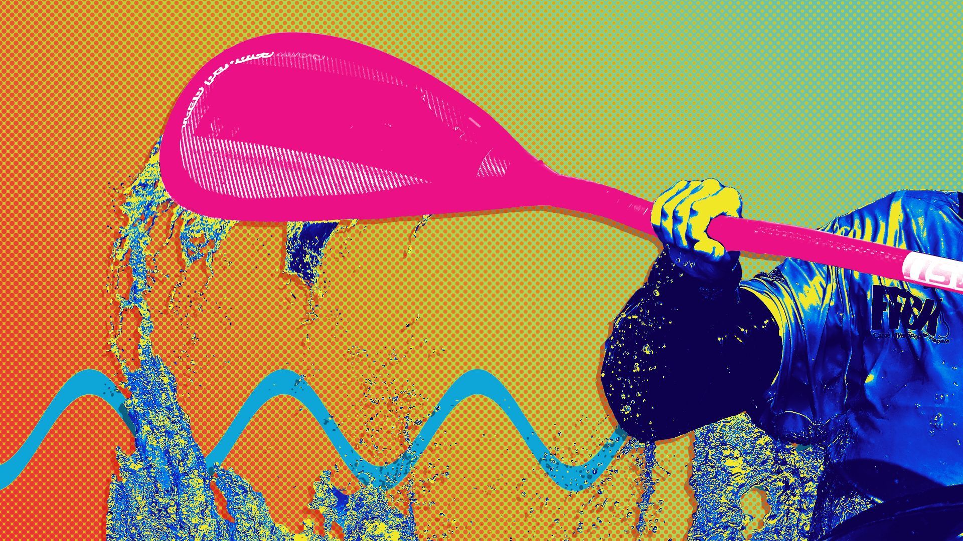 Photo illustration of a kayaker rowing in abstract water.