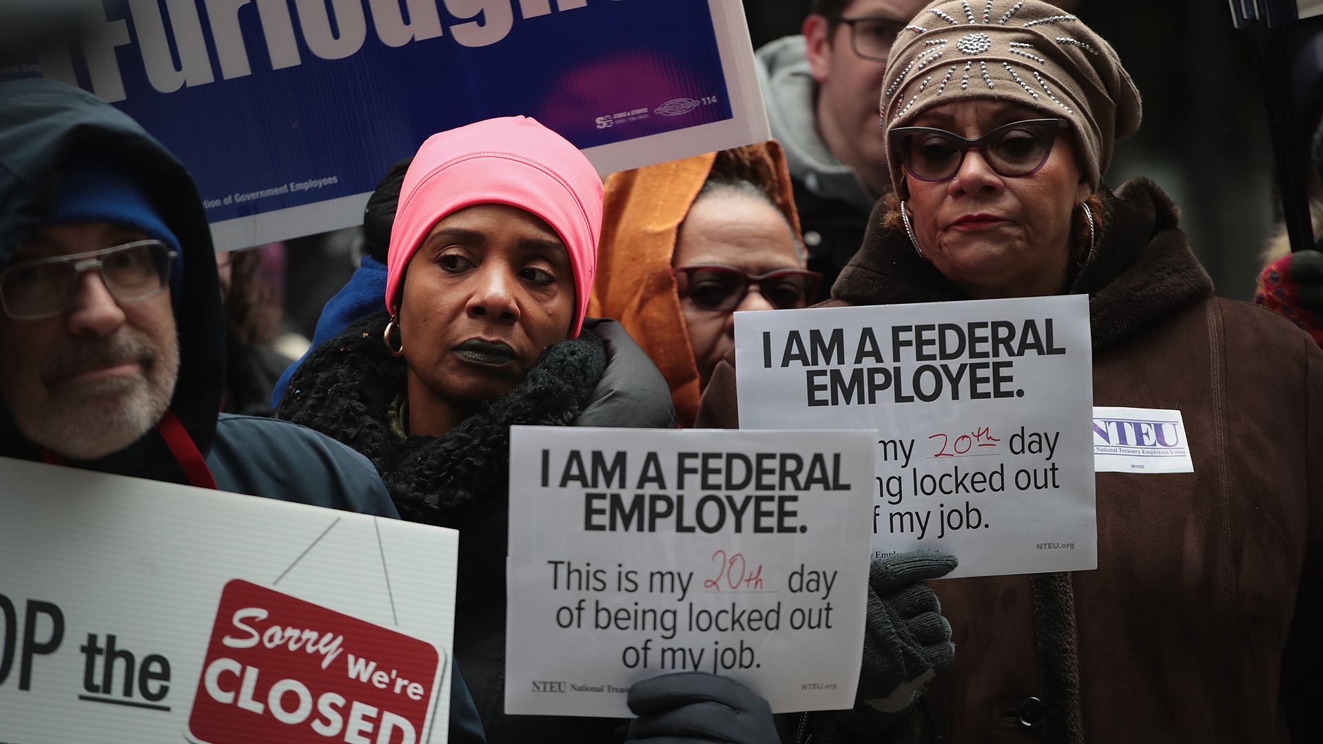Government workers protest the government shutdown during a demonstration last month in Chicago, Illinois.