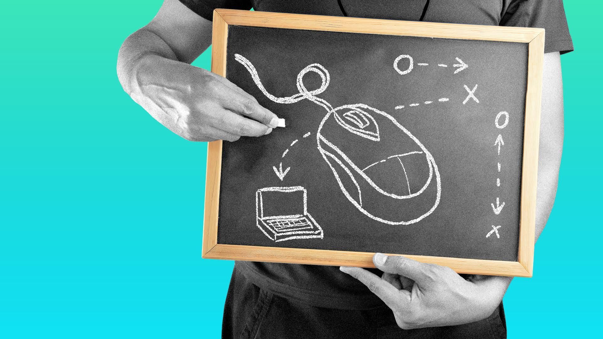 Illustration of high school coach with a computer mouse drawn on chalkboard