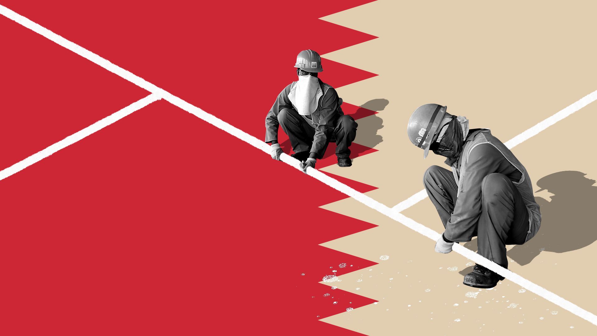 Photo illustration of a collage showing migrant workers placing down the lines on a soccer pitch