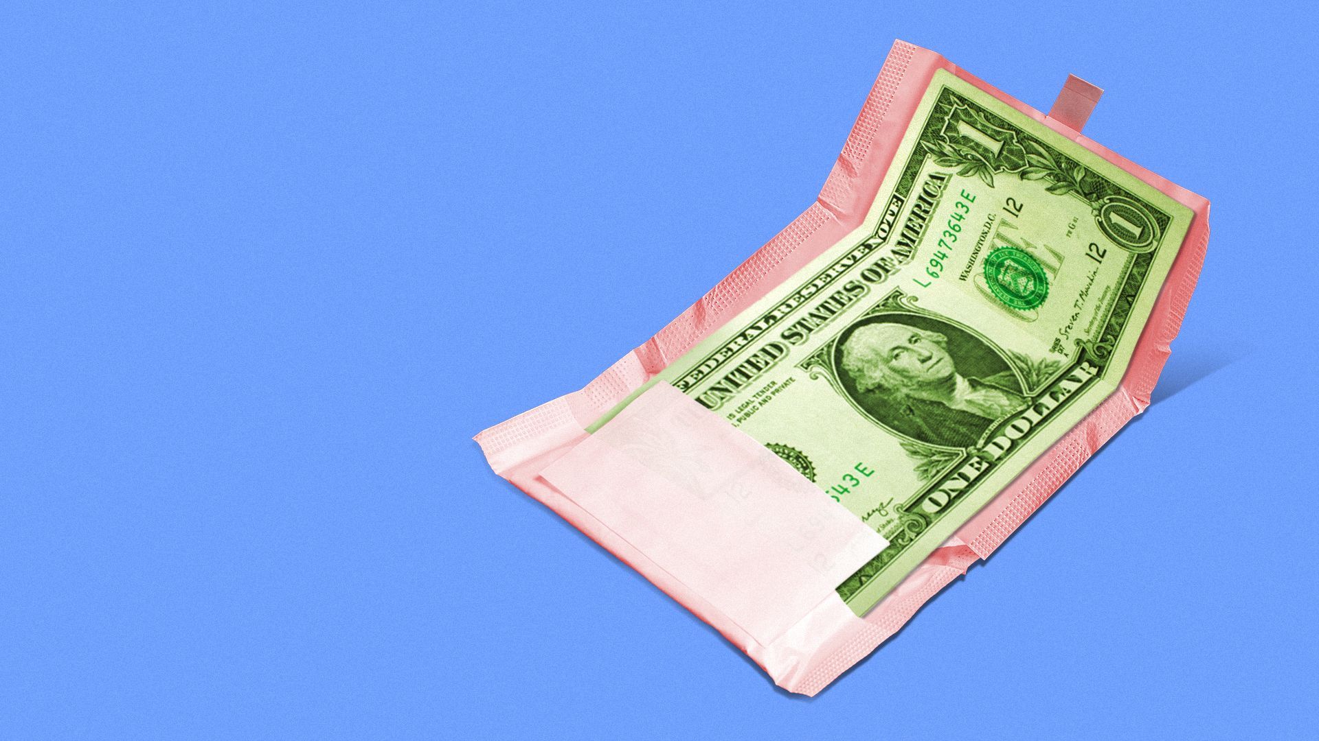 Illustration of a dollar bill inside a sanitary napkin wrapper.