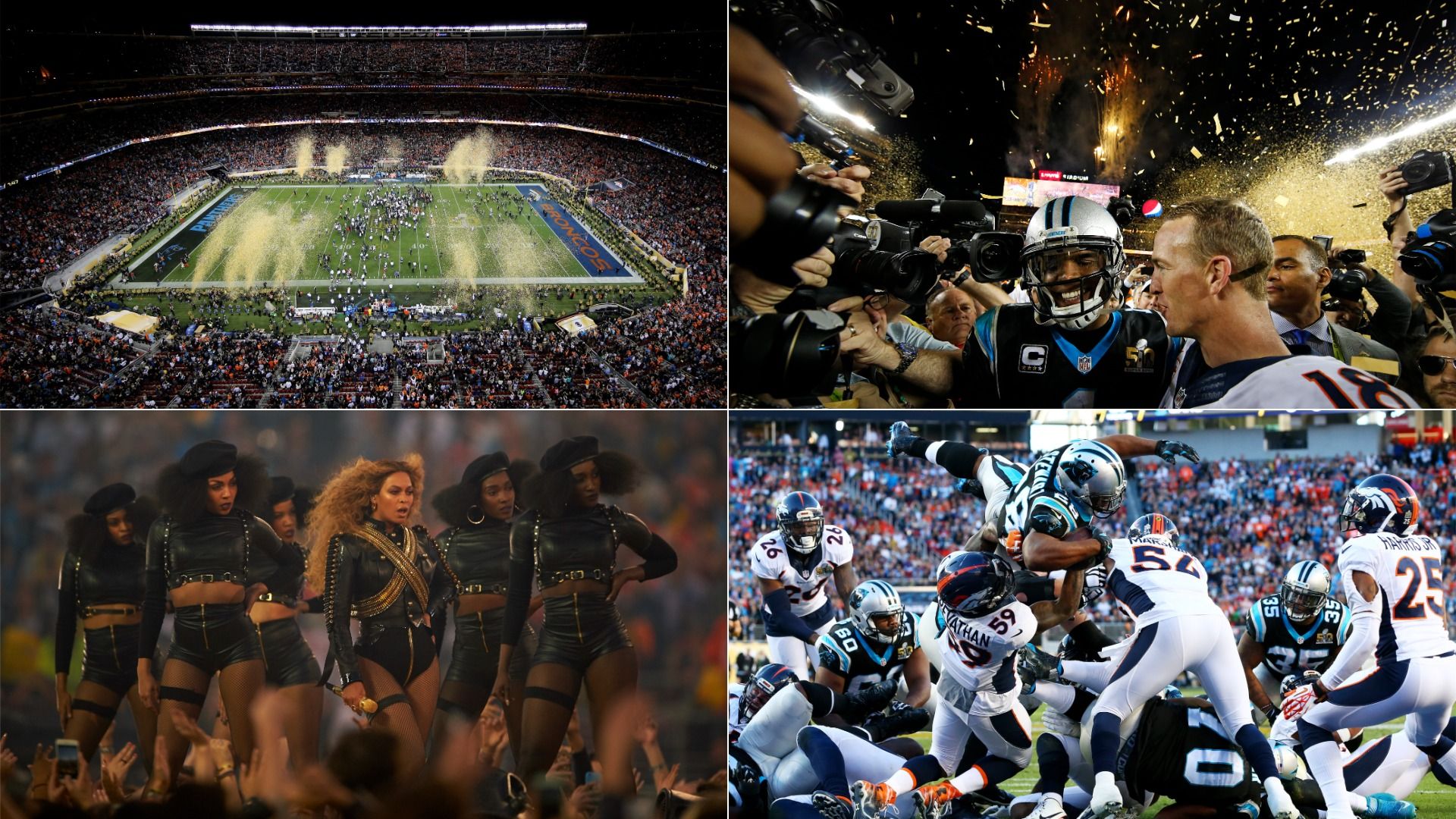 Collage of Super Bowl 50: aerial stadium view with confetti, players Peyton Manning and Cam Newton with cameras, Beyonce performing with dancers, and on-field football action.