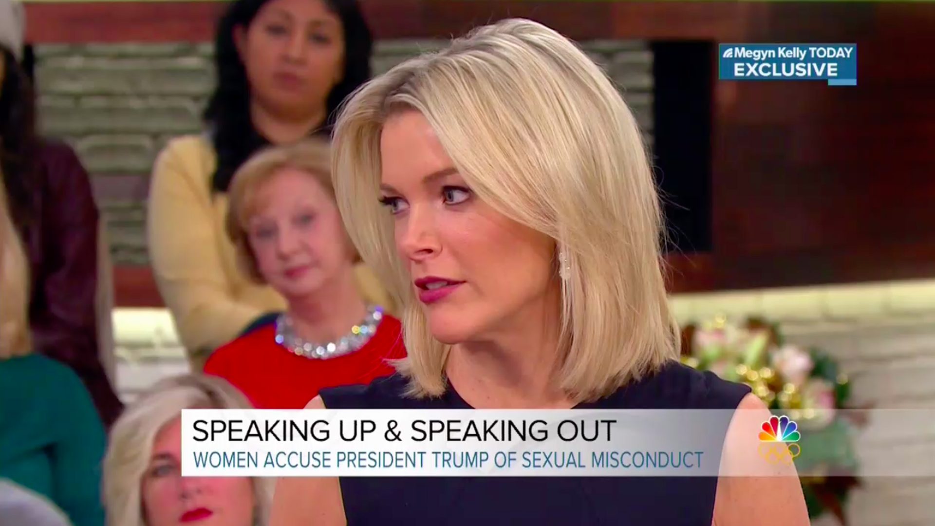 Megyn Kelly looks over her right shoulder. 