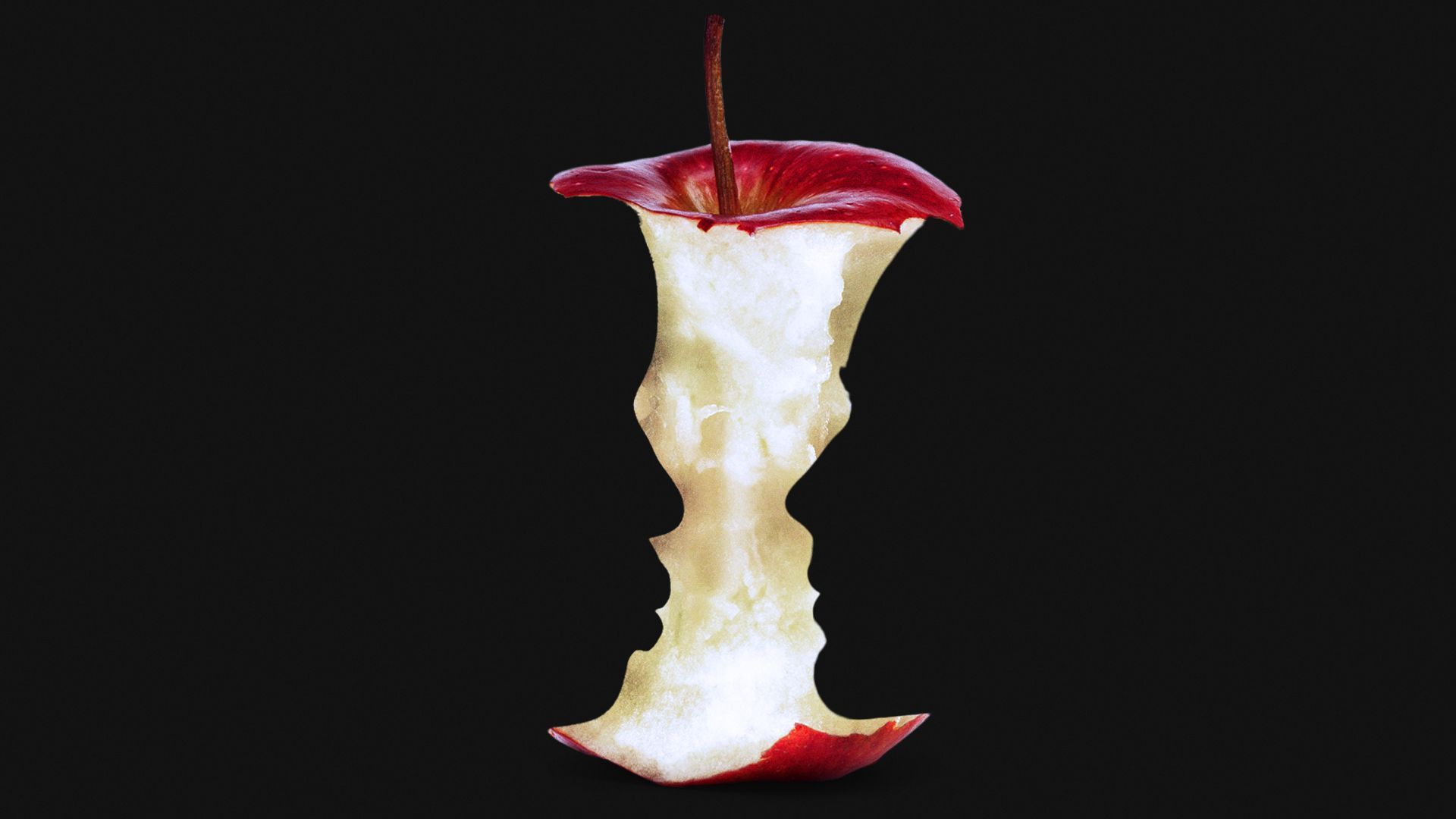 Illustration of an apple core with faces silhouetted on each side.