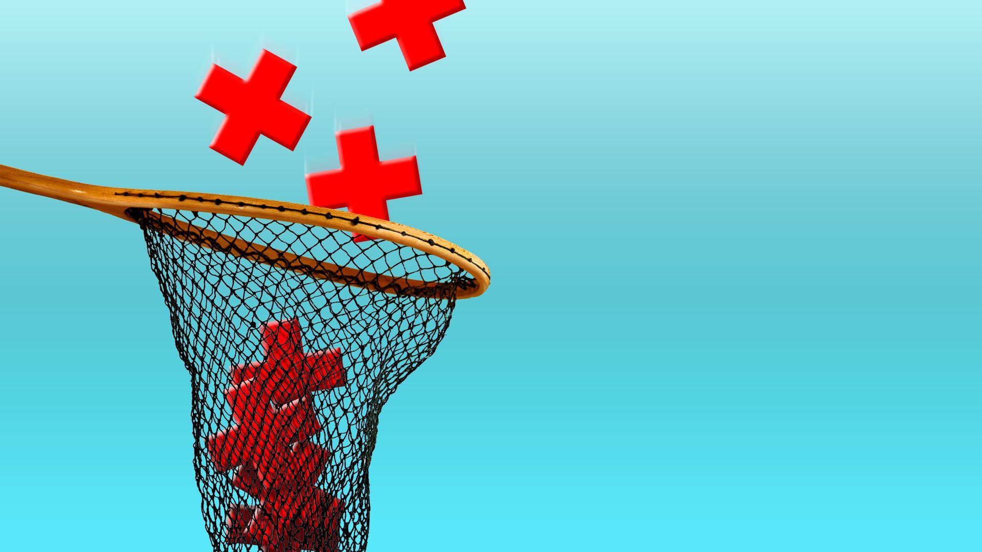 Illustration of a net catching falling red crosses