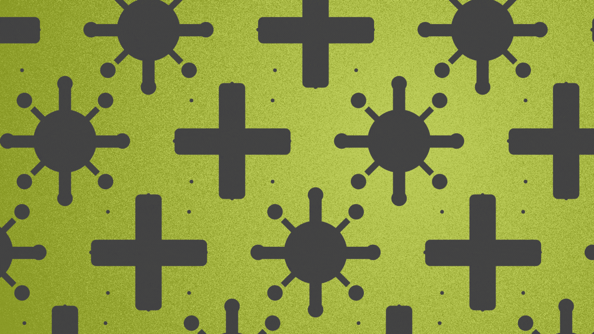 Illustration of a pattern of covid particles and positive signs turning into each other.