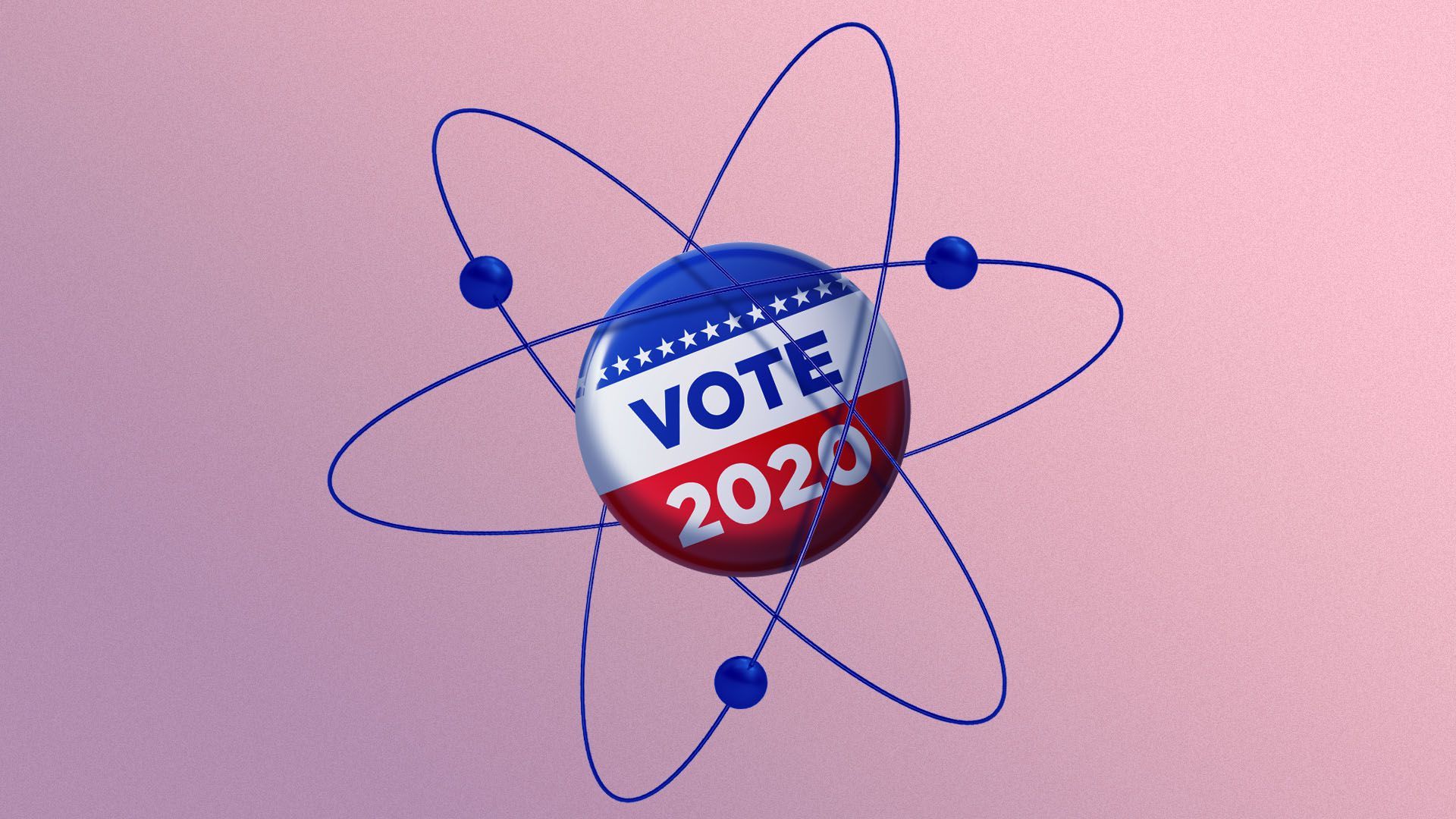 Illustration of an electron with a "vote 2020" pin as the nucleus 