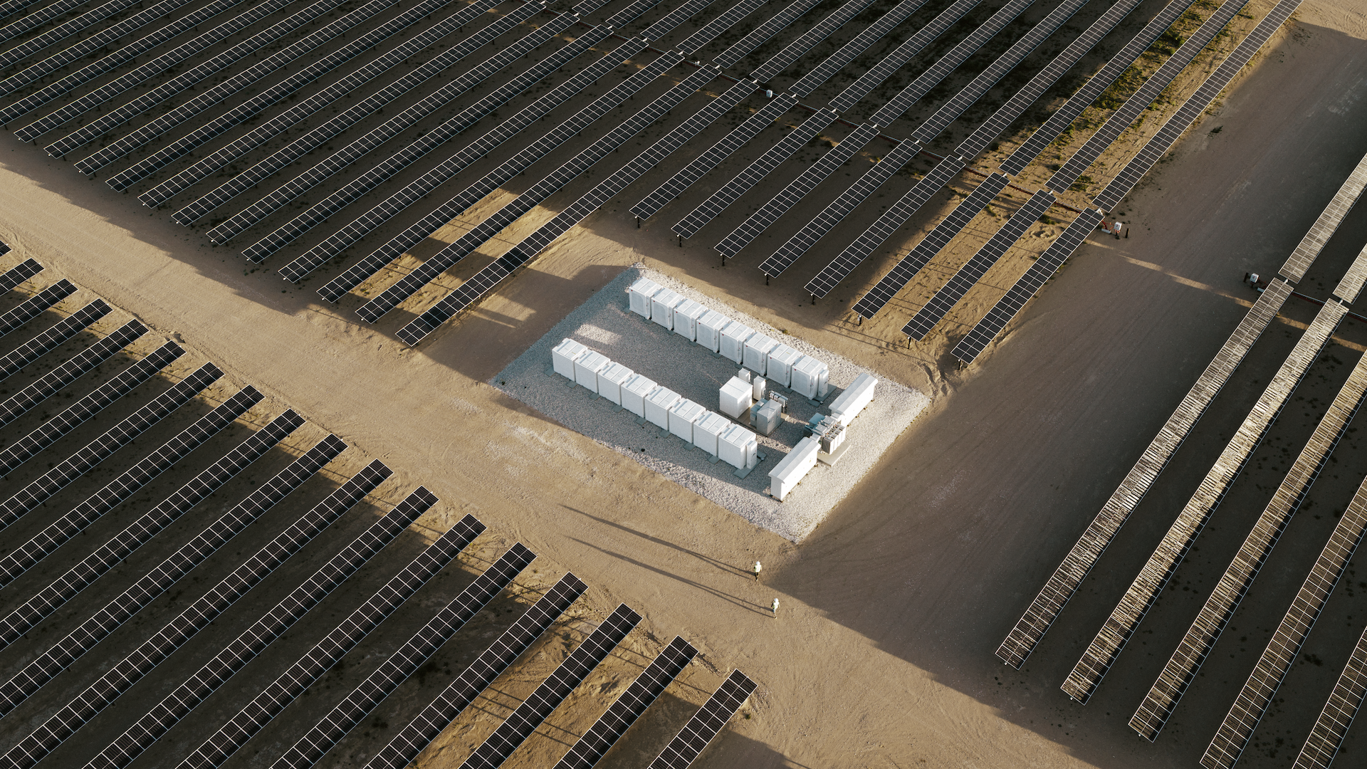 Aerial photo of the Baldy Mesa solar farm in the Mojave Desert of California, with battery storage.