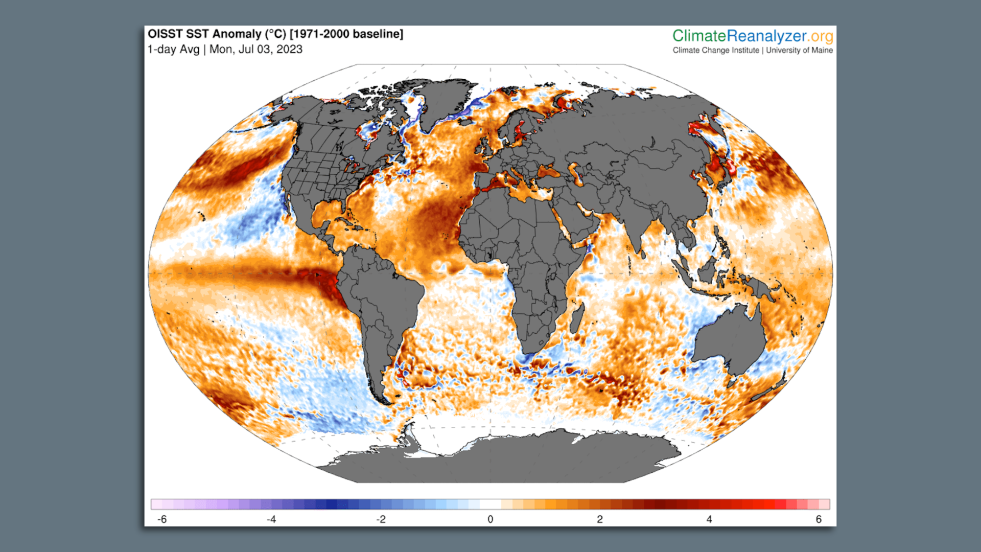 Global average sea surface temperature anomaly on July 3.