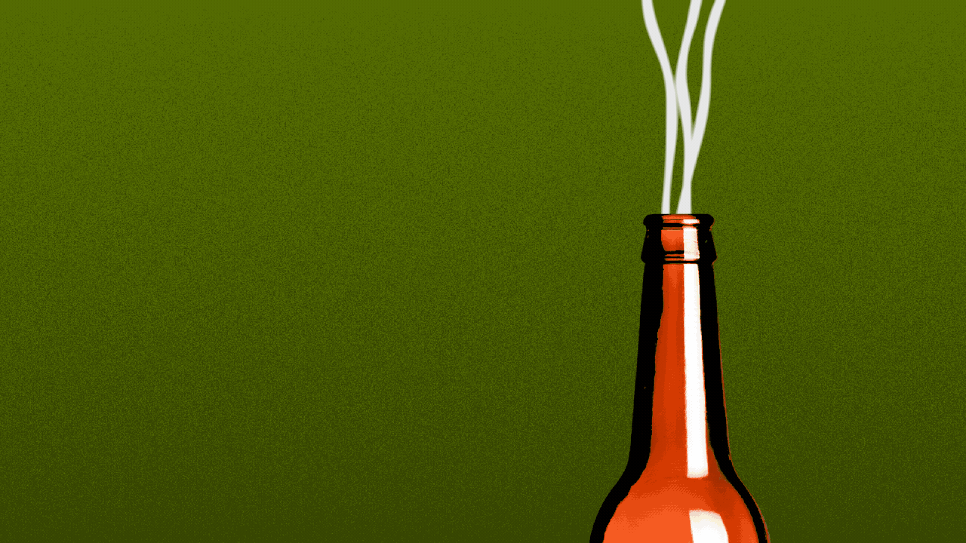 Animated illustration of a beer bottle with smoky emissions coming out of it, and a bottle cap falling onto it and stopping them.