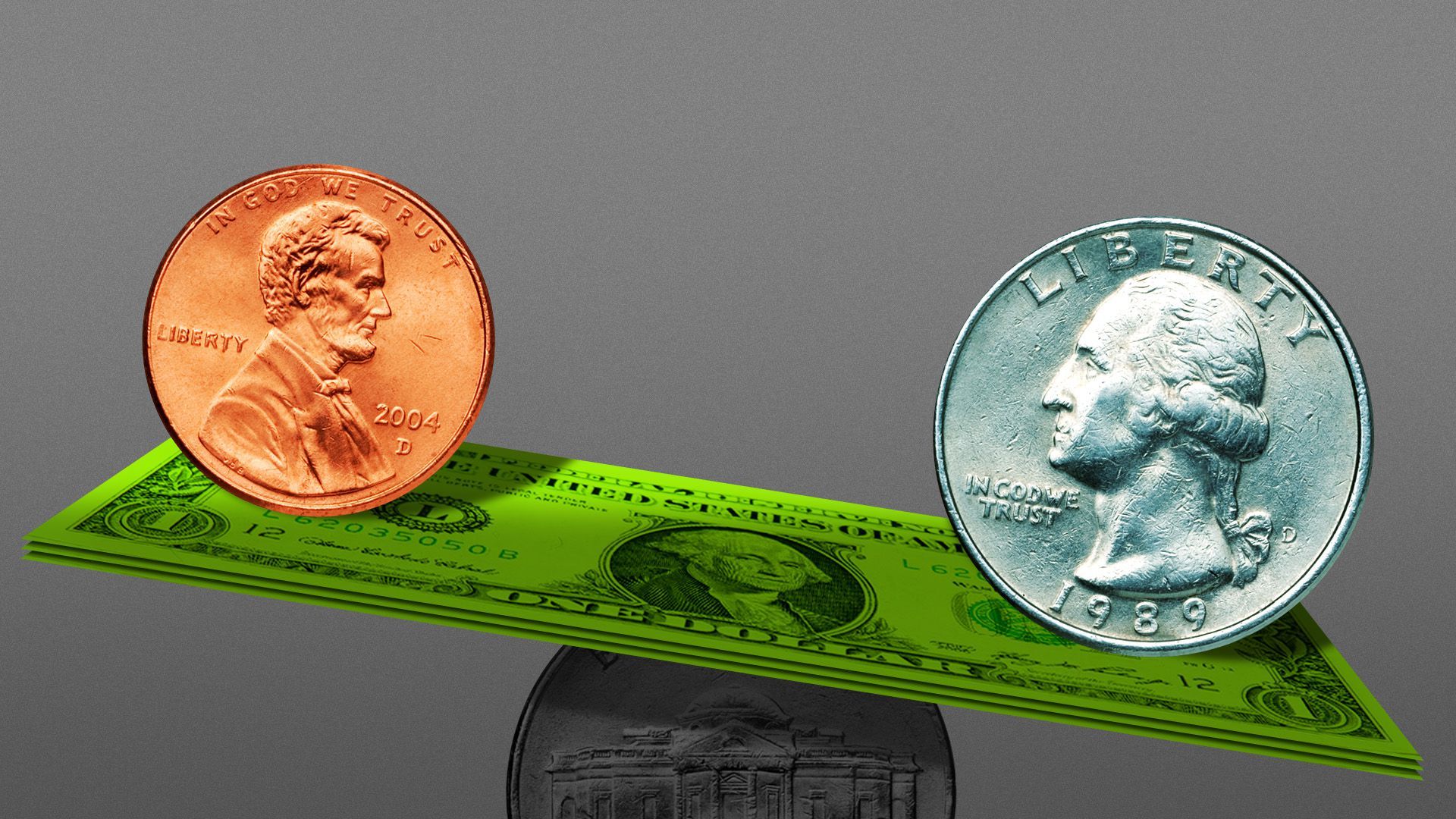 Illustration of a stack of bills balanced on a nickel with a penny and quarter see-sawing on top