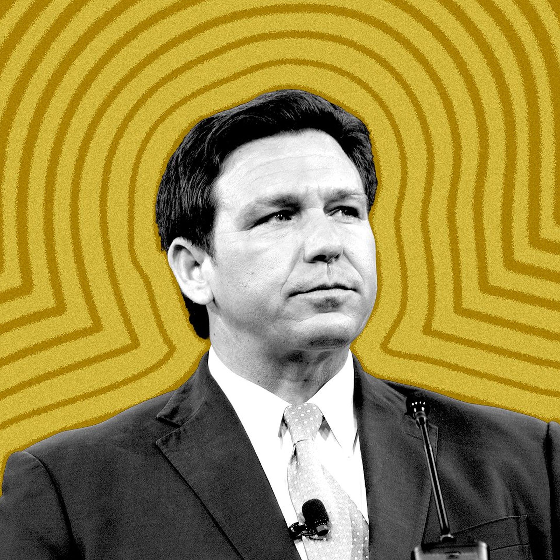 Photo illustration of Florida Governor Ron DeSantis with lines radiating from him. 
