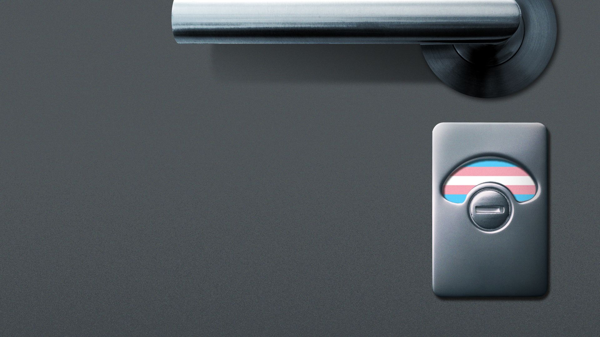 Illustration of a public restroom door lock with the trans pride flag.