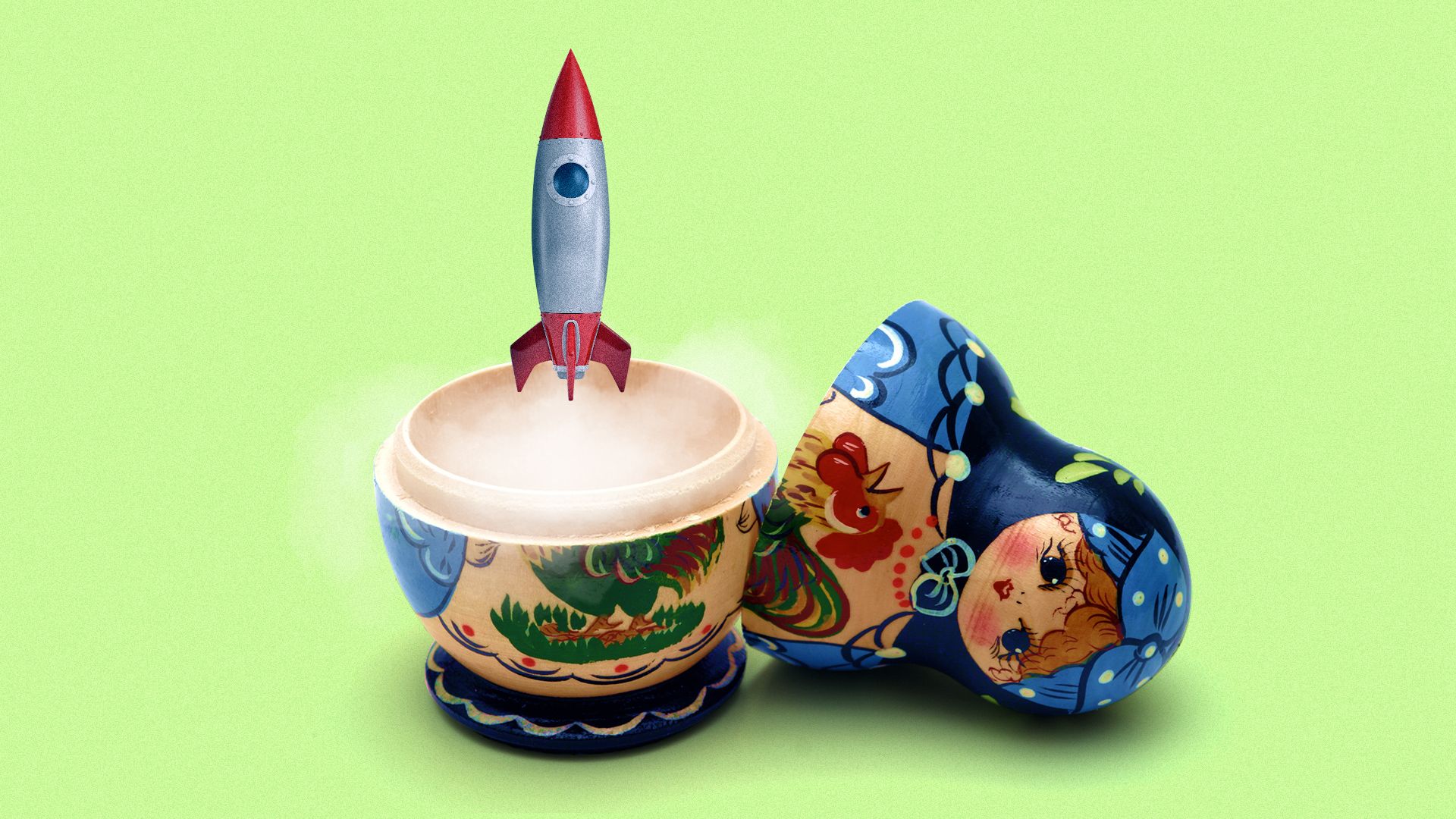 Illustration of a space rocket shooting out of an opened Russian doll. 