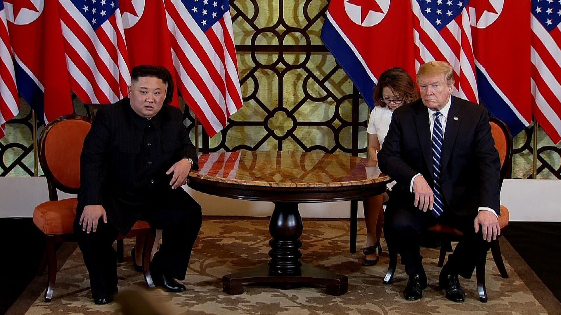 U.S. President Donald Trump (R) and North Korean leader Kim Jong-un (L) during their second summit meeting at the Sofitel Legend Metropole hotel on February 28, 2019 in Hanoi